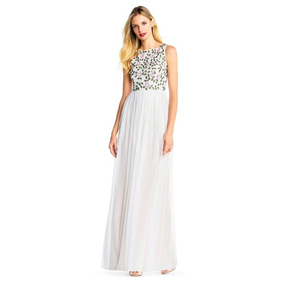 Adrianna Papell Tulle Gown Long Dress w/Romantic Floral Beading Ivory/Multi 2P - Picture 1 of 4